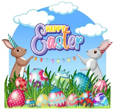 Happy Easter Poster with Cute Bunny and Colourful Eggs Stock Illustration