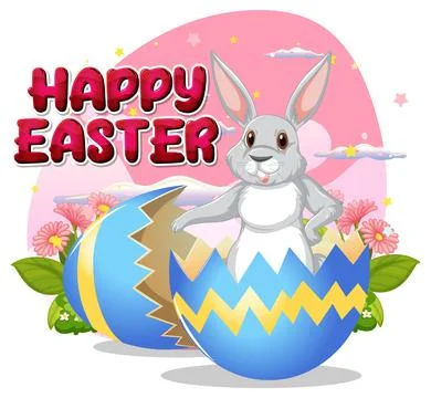 Happy Easter Poster with Cute Bunny and Colourful Egg Stock Illustration