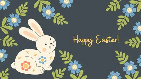 Happy Easter poster. Cute Bunny on black background with Floral Frame. Fest.. Illustrazione stock