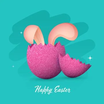 Happy Easter Poster Design with Bunny Inside Broken Egg Shell on Turquoise .. Illustrazione stock