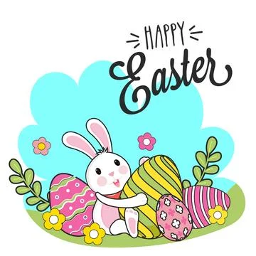 Happy Easter Poster Design with Cute Bunny Holding Printed Eggs, Flowers an.. Stock Illustration