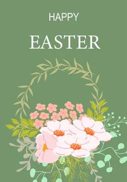 Happy easter poster design with floral wreath and pink flowers for spring Stock Illustration