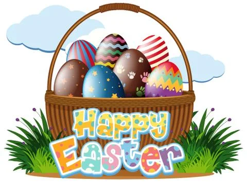 Happy Easter poster design with painted eggs in basket Stock Illustration