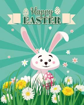 Happy Easter poster eggs hunt, white cute bunny with color eggs Stock Illustration