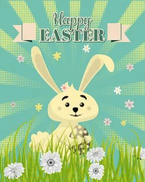 Happy Easter poster eggs hunt, white cute bunny with color eggs Stock Illustration