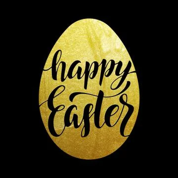 Happy Easter poster gold egg with calligraphy letteiring Stock Illustration