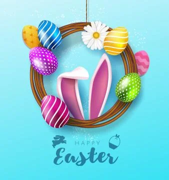 Happy Easter poster or banner template with Easter eggs in the wreath and banny Stock Illustration