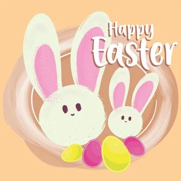Happy easter poster with pair of rabbit avatars and eggs Vector Illustrazione stock
