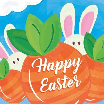 Happy easter poster with rabbit and round carrots Vector 스톡 일러스트