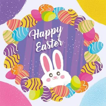 Happy easter poster with rabbit and eggs Vector 스톡 일러스트