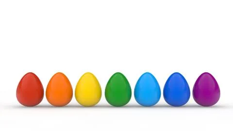 Happy easter poster, rainbow colored realistic eggs, white background, holida Stock Illustration