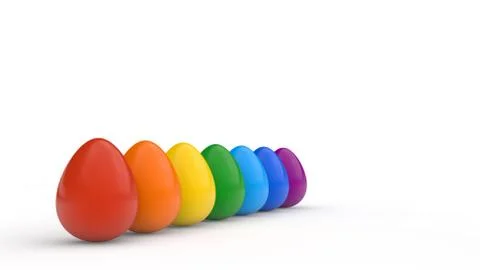 Happy easter poster, rainbow colored realistic eggs, white background, holida Stock Illustration