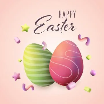 Happy Easter, poster, realistic 3d . Vector illustration on transparent bac.. Stock Illustration