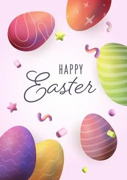 Happy Easter, poster, realistic 3d, confetti . Vector illustration on trans.. Stock Illustration