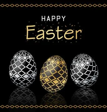 Happy Easter Poster with realistic golden and silver eggs greeting card Stock Illustration