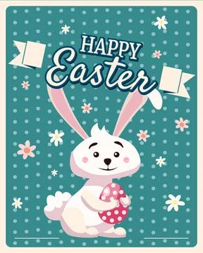 Happy Easter poster retro. Greeting card with rabbit, bunny, egg. Vector Stockillustratie