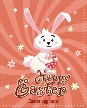 Happy Easter poster retro. Greeting card with rabbit, bunny, egg. Vector Stock Illustration