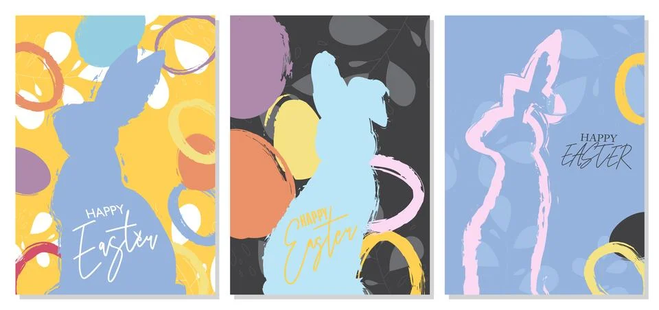 Happy Easter Poster Set with big rabbit and eggs. Elegant Holiday invitatio.. Stock Illustration