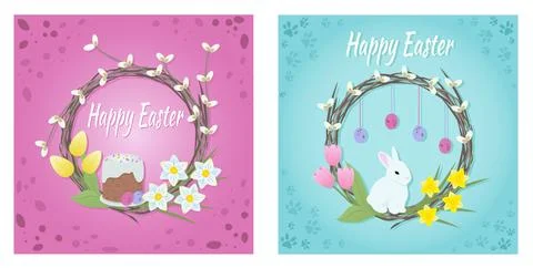 Happy Easter poster set with decorated willow wreaths Stock Illustration