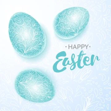 Happy easter poster, three blue eggs with hand drawing floral pattern Stock-Illustration