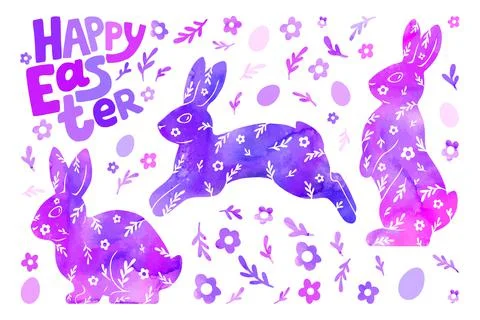 Happy Easter poster. Watercolor drawing of rabbits, flowers, eggs, and text.  Stock Illustration