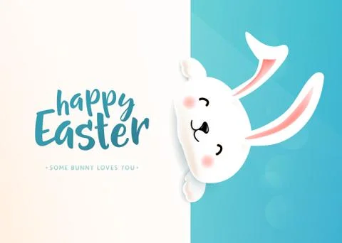 Happy Easter poster with white cute funny smiling rabbit Stock Illustration
