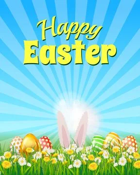 Happy Easter poster, white cute bunny ears, color eggs, eggs hunt Stock Illustration