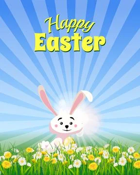 Happy Easter poster, white cute bunny with color egg Stock Illustration