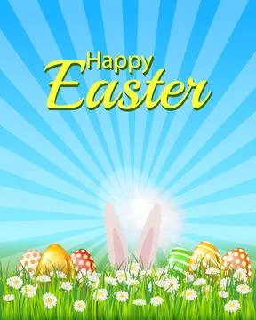 Happy Easter poster, white cute bunny ears, color eggs, eggs hunt Stock Illustration