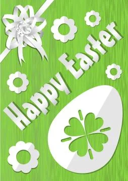 Happy Easter poster with white paper cuted egg, flowers and ribbon on green.. Stock Illustration