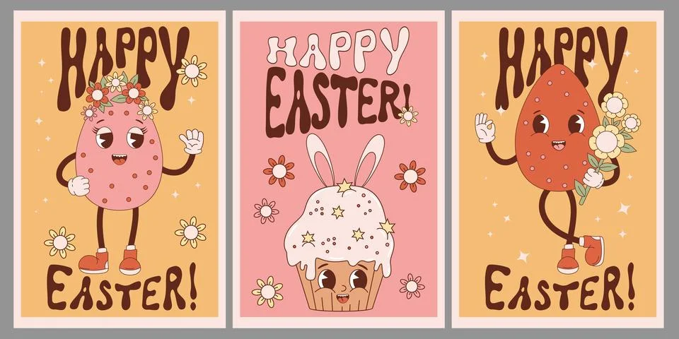 Happy Easter posters collection. Retro cartoon characters easter eggs and c.. イラスト素材
