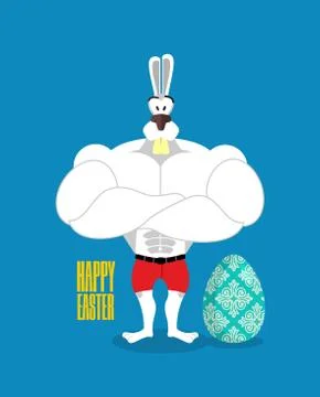 Happy Easter. Powerful rabbit guards Easter egg. Strong rabbit and egg. Raspi Illustrazione stock