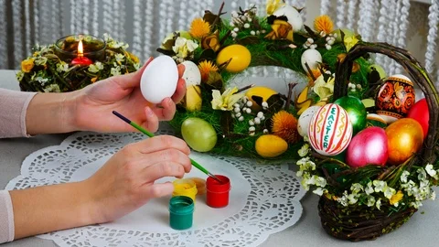 Happy Easter preparations. Painting of eggs. Stock Footage 87856456