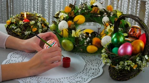 Happy Easter preparations. Painting of eggs Stock Footage 87857340