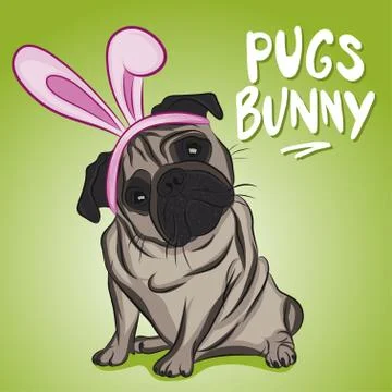 Happy Easter PUG with bunny ears headband - funny pug Stock Illustration