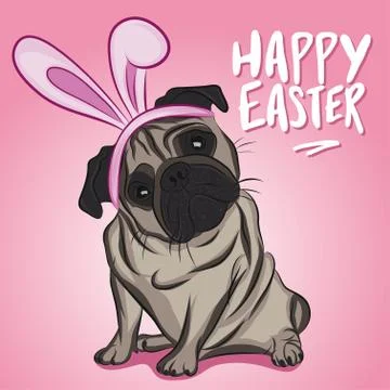Happy Easter PUG with bunny ears headband - funny saying with pug Illustrazione stock