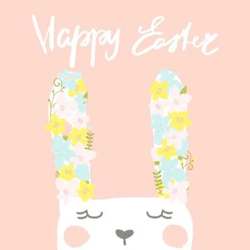 Happy Easter quote. Greeting Easter background with Cute rabbit with floral.. Stock Illustration
