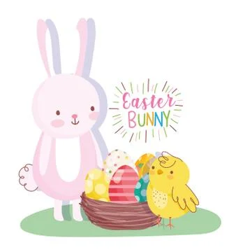 Happy easter rabbit and chicken with basket eggs decoration Stock Illustration