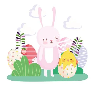 Happy easter rabbit and chicken in eggshell eggs flowers leaves celebration Stock Illustration