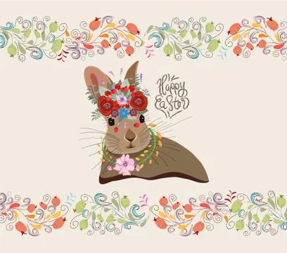 Happy easter with rabbit and floral doodle frame Stock Illustration