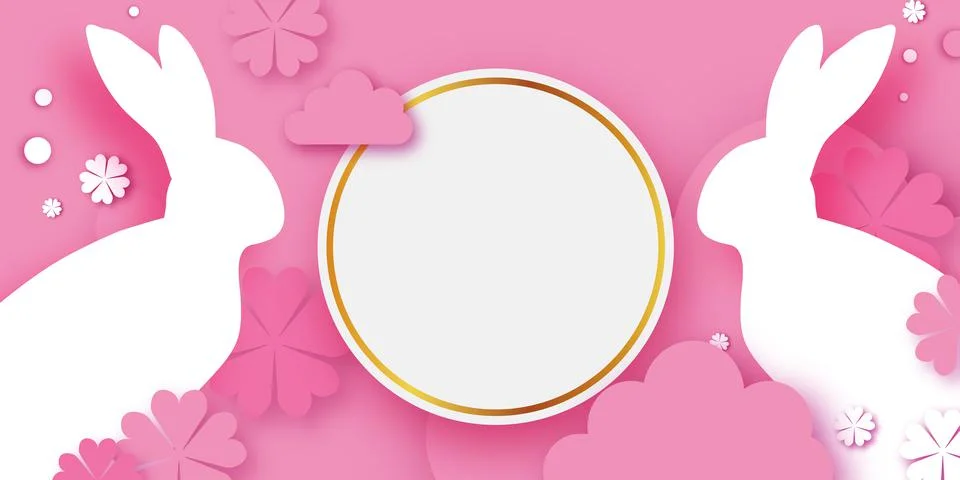 Happy Easter Rabbit banner. Cute bunny with paper cut eggs and flower on pink Stock Illustration