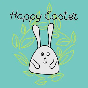 Happy Easter, rabbit. Branches with leaves. Vector Stock Illustration