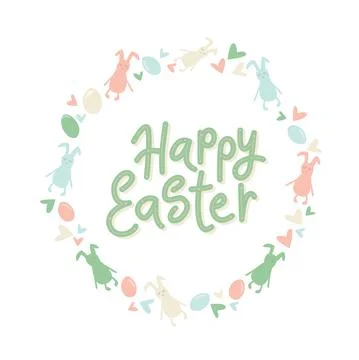 Happy Easter rabbit, bunny minimalistic style with lettering sign and frame Stock Illustration
