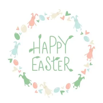 Happy Easter rabbit, bunny minimalistic style with lettering sign and frame Stock Illustration