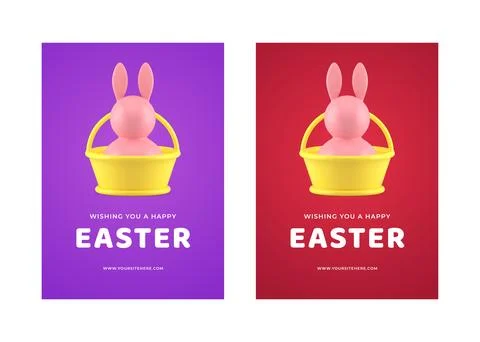 Happy Easter rabbit character in basket 3d greeting card set design template  Stock Illustration