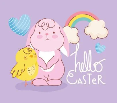 Happy easter rabbit chicken rainbow hearts celebration card Stock Illustration