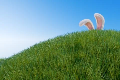Happy easter. Rabbit ears stick out from a hill in a meadow in the grass. Illustrazione stock