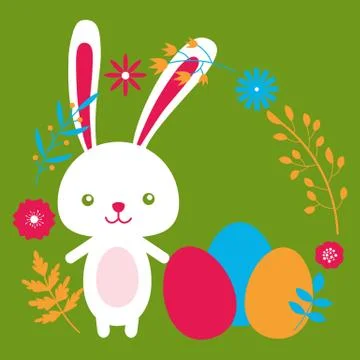 Happy easter rabbit, easter funny bunny, flowers and eggs Stock Illustration