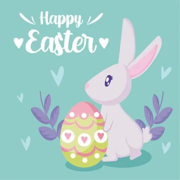 Happy easter rabbit with egg and leaves wreath vector design Stockillustratie