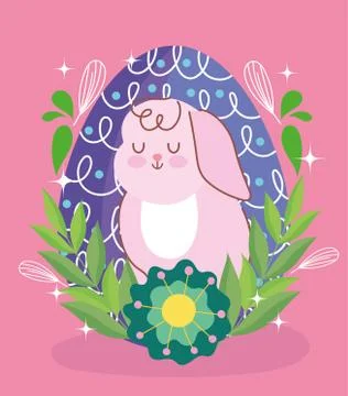 Happy easter rabbit with egg behind flowers leaves decoration Stock Illustration